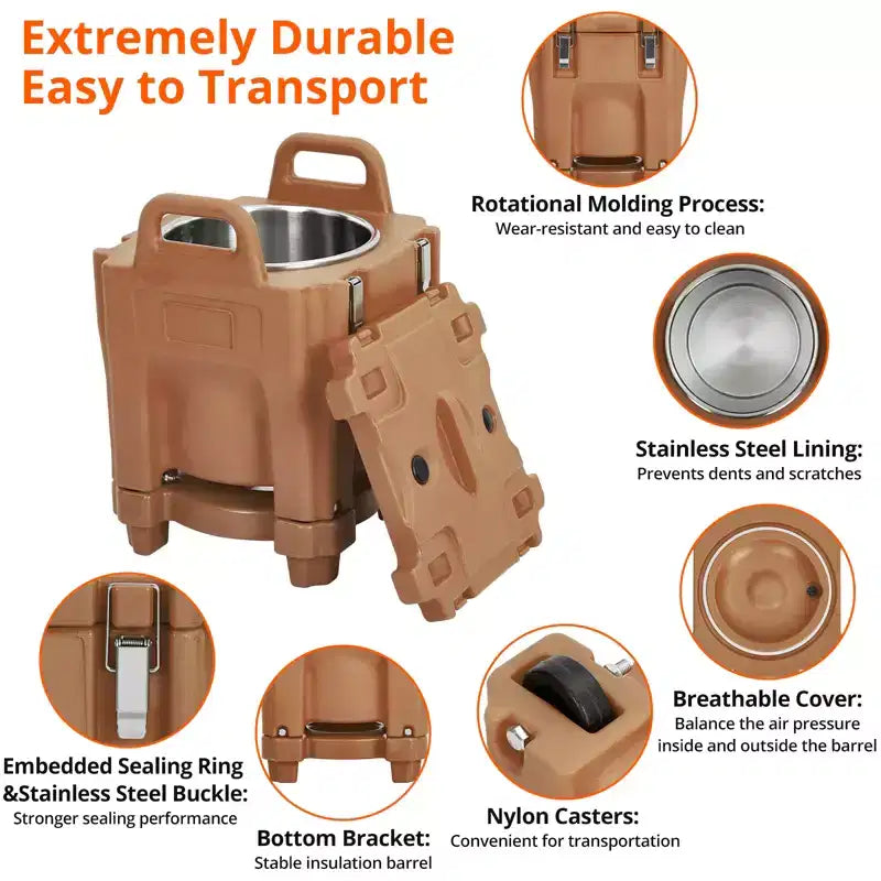 Insulated Food Pan Carrier with Spoon, 20L Capacity Top Load Wheel Side Lock Stainless Steel for Catering Restaurant