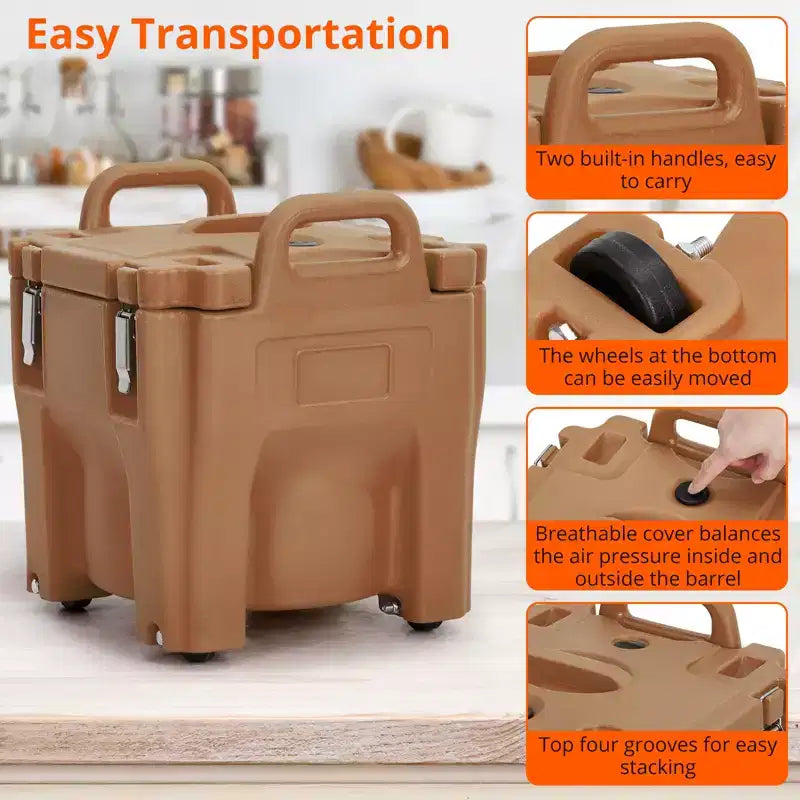 Insulated Food Pan Carrier with Spoon, 20L Capacity Top Load Wheel Side Lock Stainless Steel for Catering Restaurant