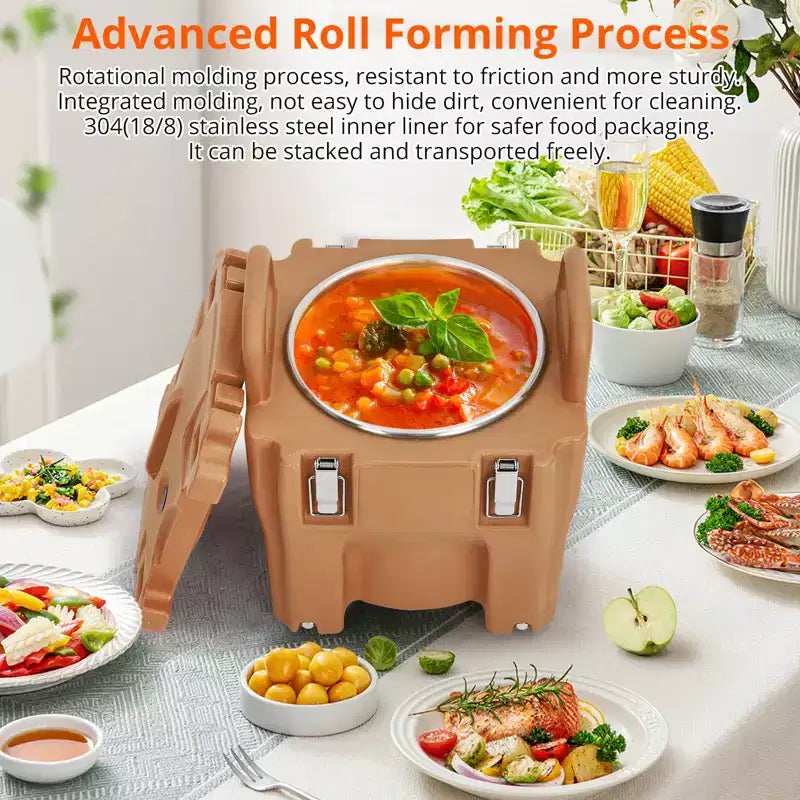 Insulated Food Pan Carrier with Spoon, 20L Capacity Top Load Wheel Side Lock Stainless Steel for Catering Restaurant