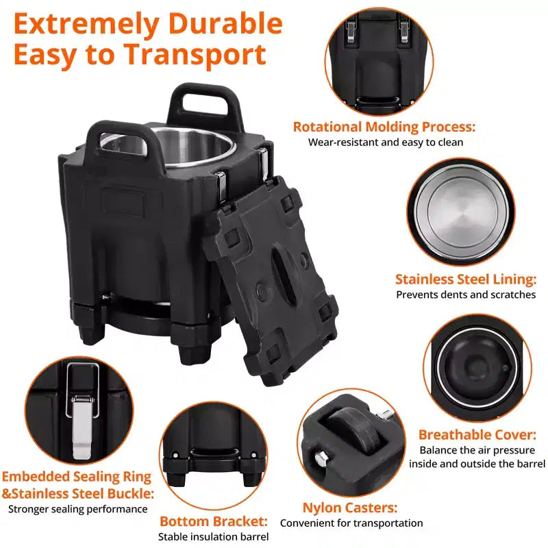 Insulated Food Pan Carrier with Spoon, 20L Capacity Top Load Wheel Side Lock Stainless Steel for Catering Restaurant