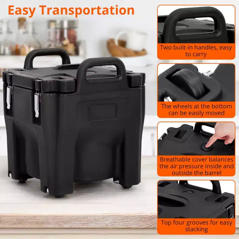 Insulated Food Pan Carrier with Spoon, 20L Capacity Top Load Wheel Side Lock Stainless Steel for Catering Restaurant