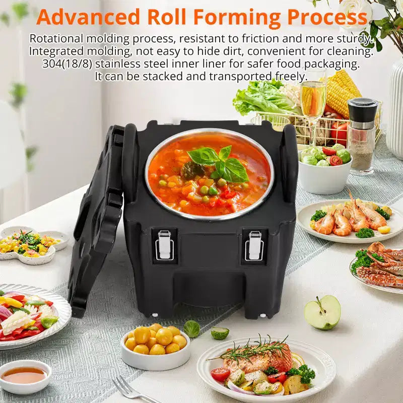 Insulated Food Pan Carrier with Spoon, 20L Capacity Top Load Wheel Side Lock Stainless Steel for Catering Restaurant