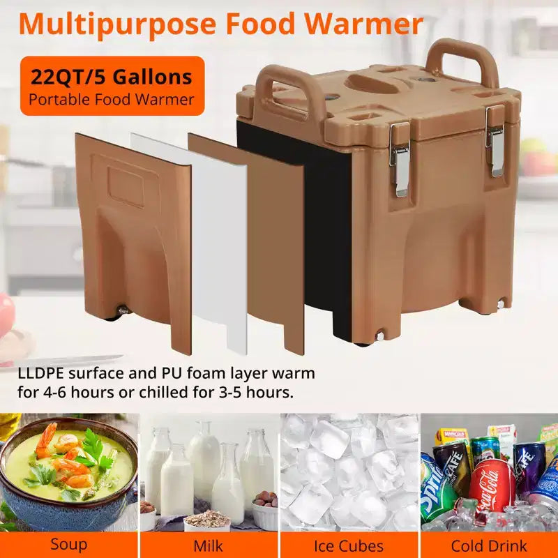 Insulated Food Pan Carrier with Spoon, 20L Capacity Top Load Wheel Side Lock Stainless Steel for Catering Restaurant