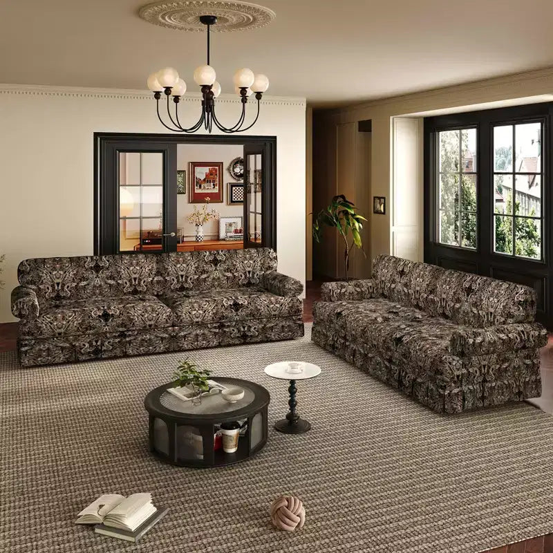 74" Luxuriously Comfortable 3-Seater Cloud Couch, Oxford Fabric Sofa with Rolled Arms & Pleated Skirt Design, Black Floral