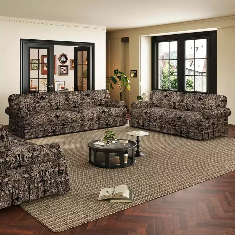 74" Luxuriously Comfortable 3-Seater Cloud Couch, Oxford Fabric Sofa with Rolled Arms & Pleated Skirt Design, Black Floral