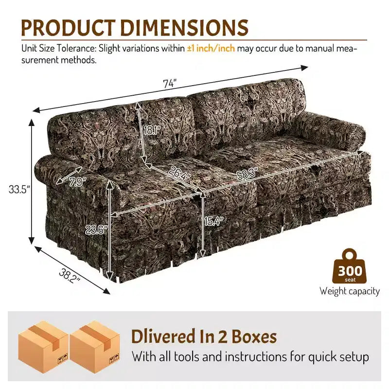 74" Luxuriously Comfortable 3-Seater Cloud Couch, Oxford Fabric Sofa with Rolled Arms & Pleated Skirt Design, Black Floral