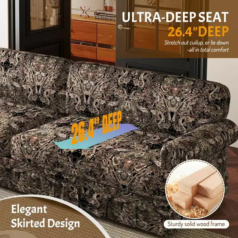 74" Luxuriously Comfortable 3-Seater Cloud Couch, Oxford Fabric Sofa with Rolled Arms & Pleated Skirt Design, Black Floral