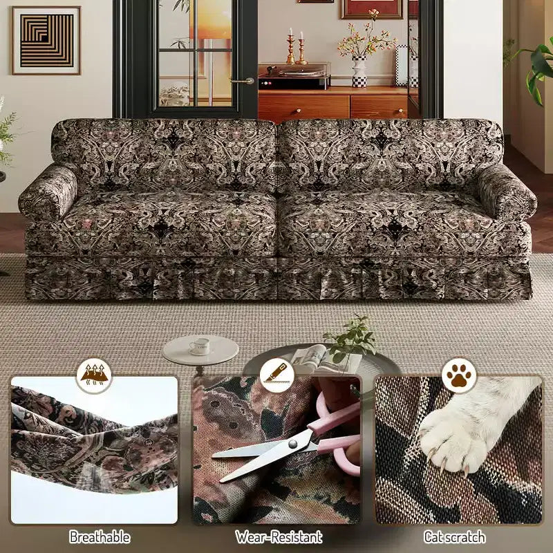 74" Luxuriously Comfortable 3-Seater Cloud Couch, Oxford Fabric Sofa with Rolled Arms & Pleated Skirt Design, Black Floral