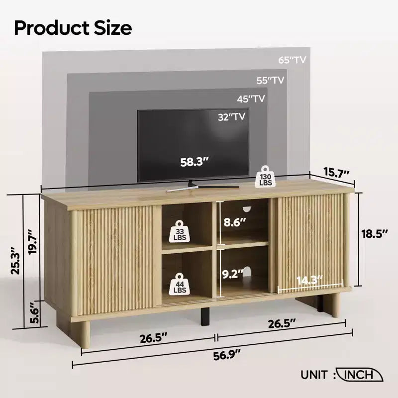 58" TV Stand for 45/55/60/65" TV, Mid-Century TV Cabinet with Sliding Doors, Media Console with Storage for Living Room & Bedroom