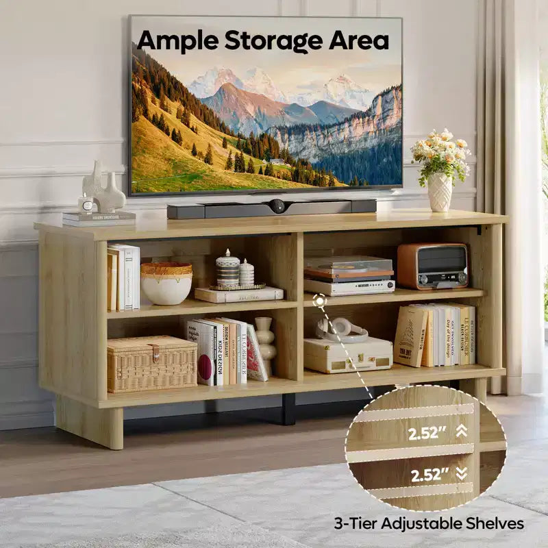 58" TV Stand for 45/55/60/65" TV, Mid-Century TV Cabinet with Sliding Doors, Media Console with Storage for Living Room & Bedroom