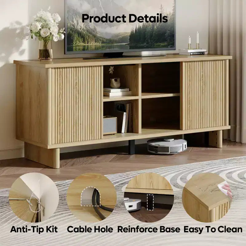 58" TV Stand for 45/55/60/65" TV, Mid-Century TV Cabinet with Sliding Doors, Media Console with Storage for Living Room & Bedroom