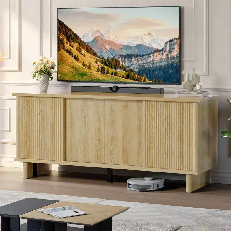58" TV Stand for 45/55/60/65" TV, Mid-Century TV Cabinet with Sliding Doors, Media Console with Storage for Living Room & Bedroom