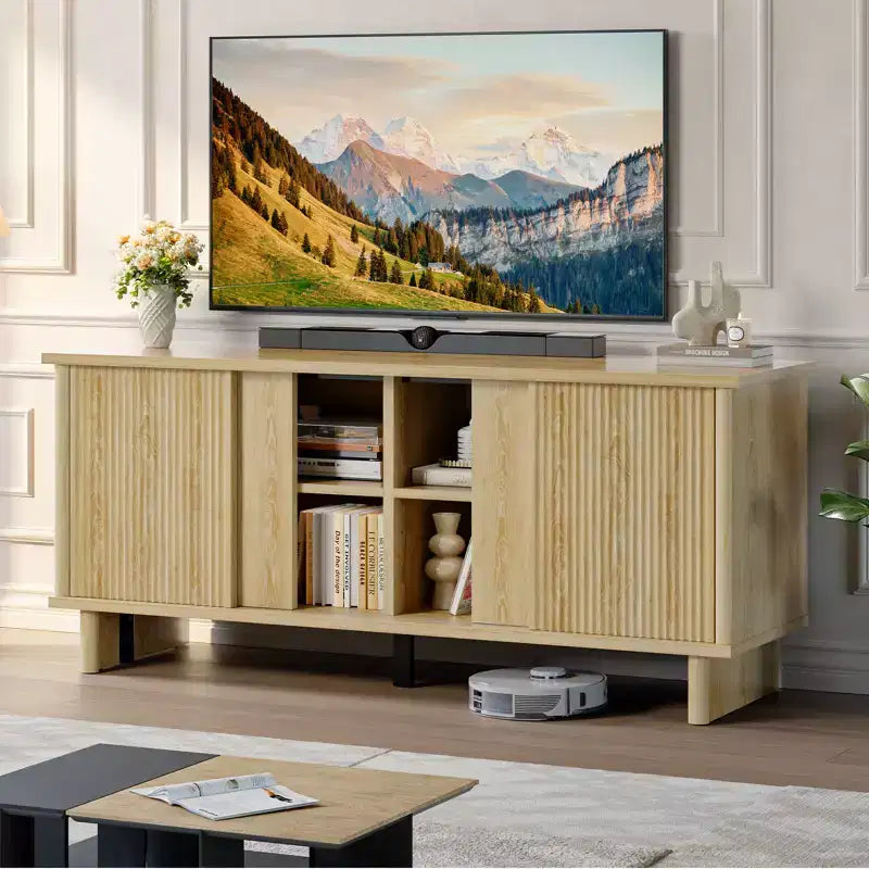 58" TV Stand for 45/55/60/65" TV, Mid-Century TV Cabinet with Sliding Doors, Media Console with Storage for Living Room & Bedroom