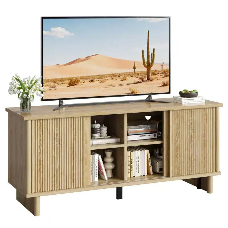 58" TV Stand for 45/55/60/65" TV, Mid-Century TV Cabinet with Sliding Doors, Media Console with Storage for Living Room & Bedroom