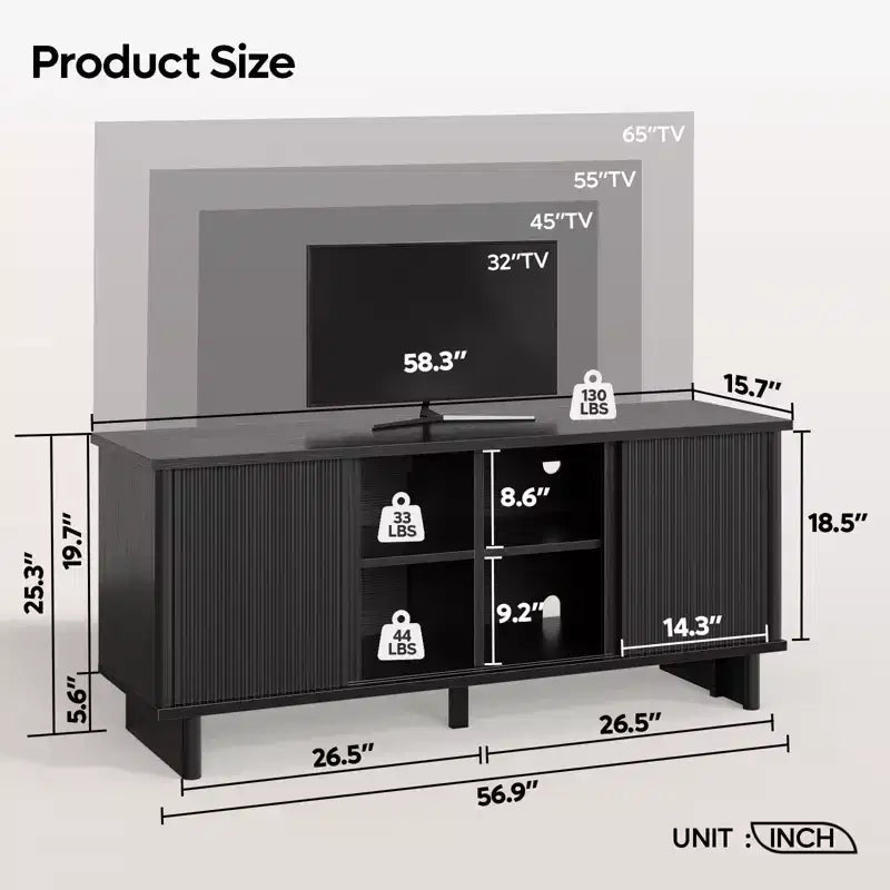 58" TV Stand for 45/55/60/65" TV, Mid-Century TV Cabinet with Sliding Doors, Media Console with Storage for Living Room & Bedroom