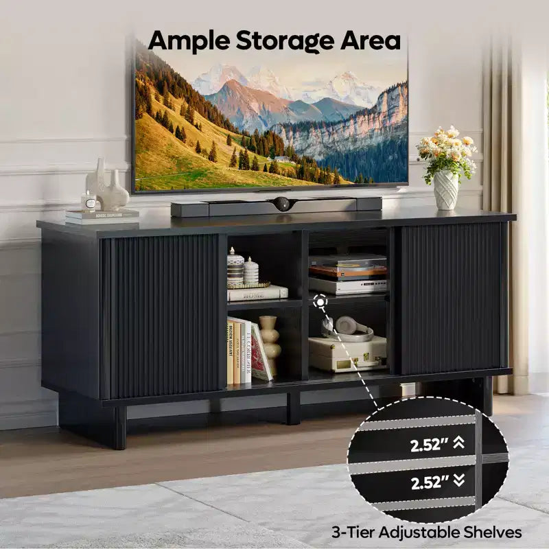58" TV Stand for 45/55/60/65" TV, Mid-Century TV Cabinet with Sliding Doors, Media Console with Storage for Living Room & Bedroom