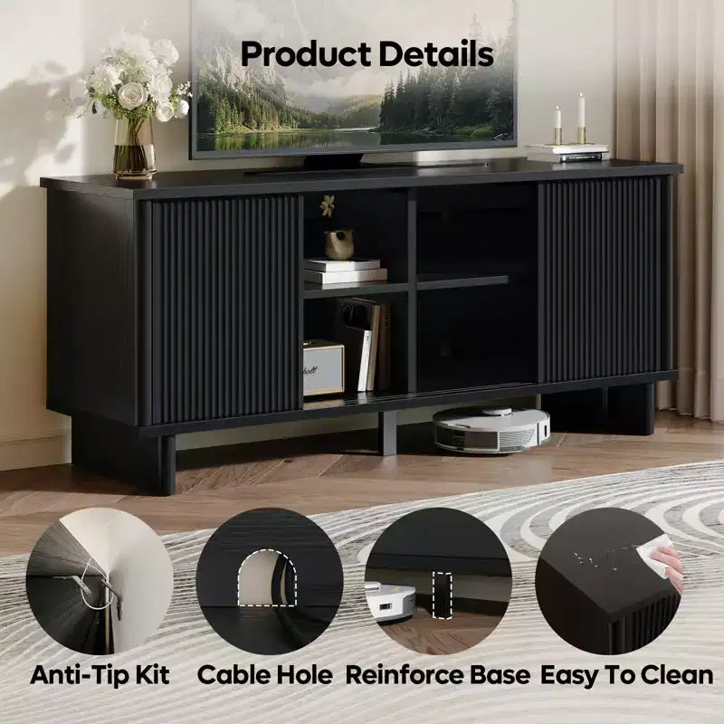 58" TV Stand for 45/55/60/65" TV, Mid-Century TV Cabinet with Sliding Doors, Media Console with Storage for Living Room & Bedroom