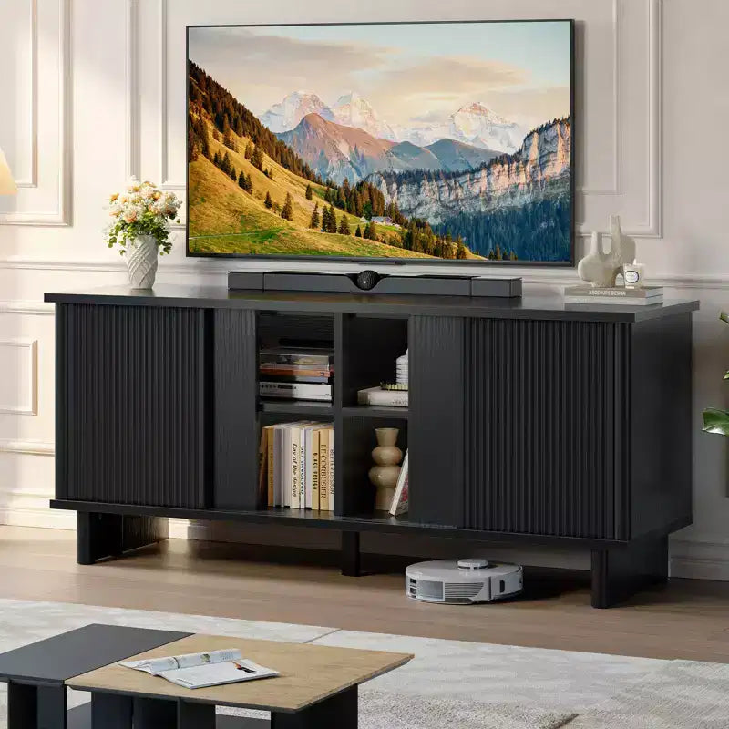 58" TV Stand for 45/55/60/65" TV, Mid-Century TV Cabinet with Sliding Doors, Media Console with Storage for Living Room & Bedroom