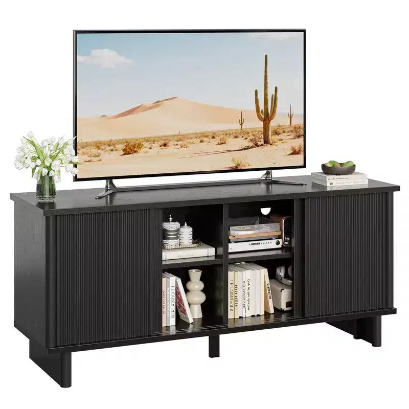 58" TV Stand for 45/55/60/65" TV, Mid-Century TV Cabinet with Sliding Doors, Media Console with Storage for Living Room & Bedroom