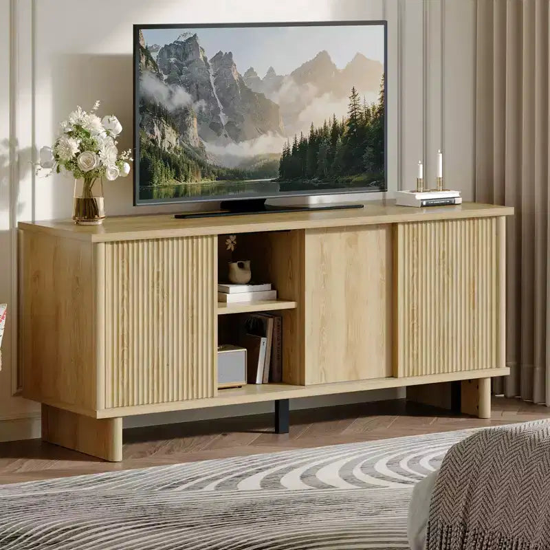 58" TV Stand for 45/55/60/65" TV, Mid-Century TV Cabinet with Sliding Doors, Media Console with Storage for Living Room & Bedroom