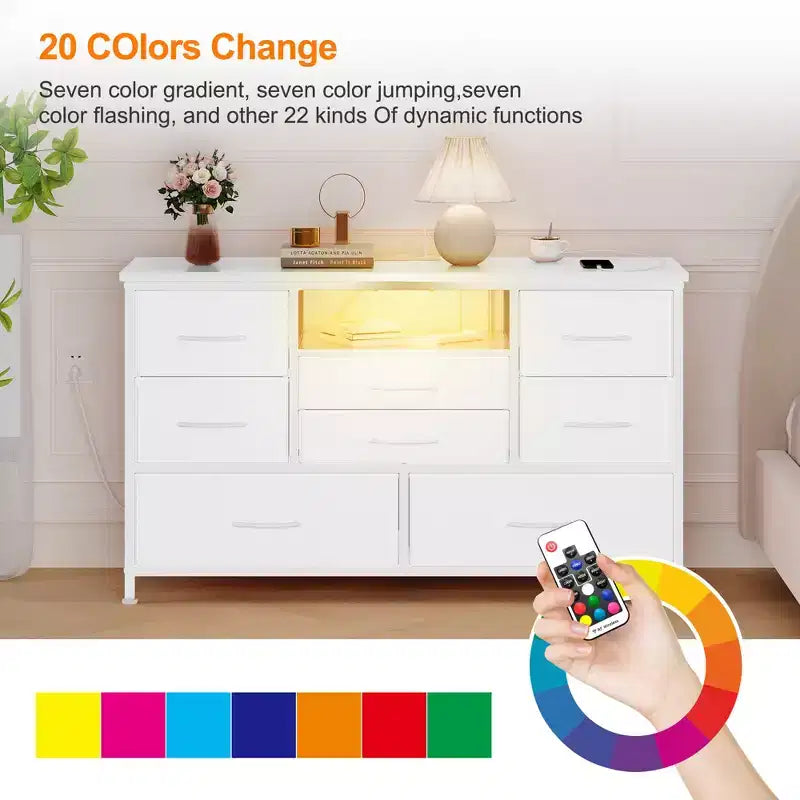 8-Drawer Dresser TV Stand with Power Outlets & RGB LED Lighting, White Leather, Wood Top, Fits 55 TV, Deep Fabric Drawers, for Bedroom/Living Room