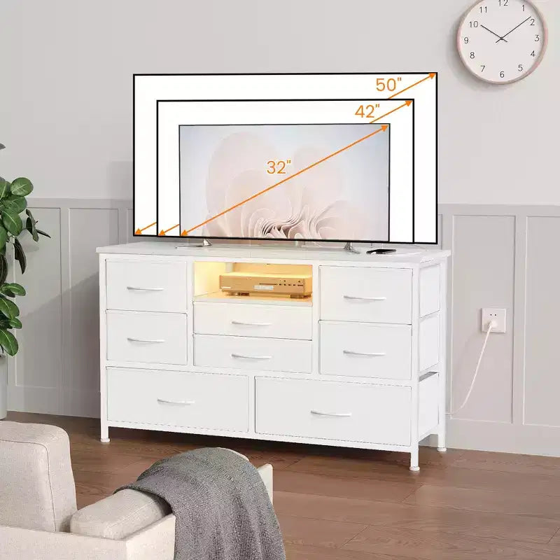 8-Drawer Dresser TV Stand with Power Outlets & RGB LED Lighting, White Leather, Wood Top, Fits 55 TV, Deep Fabric Drawers, for Bedroom/Living Room