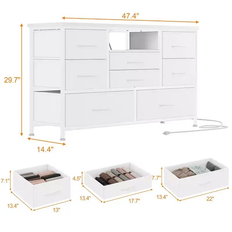8-Drawer Dresser TV Stand with Power Outlets & RGB LED Lighting, White Leather, Wood Top, Fits 55 TV, Deep Fabric Drawers, for Bedroom/Living Room