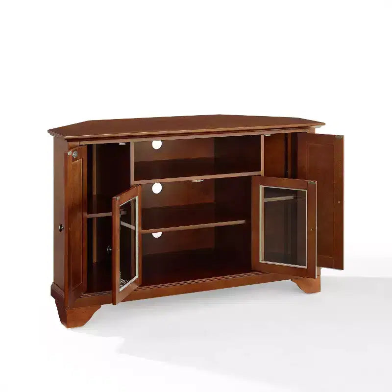 Corner TV Stand for TVs up to 48", Dark Red, Mid-Century Modern Media Console with Cable Management