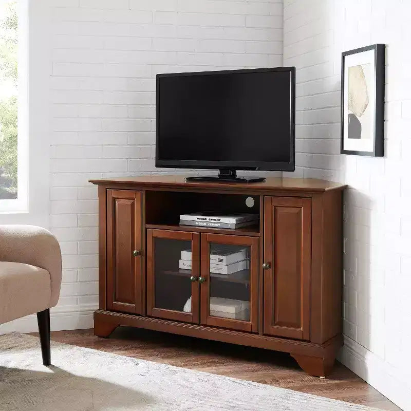Corner TV Stand for TVs up to 48", Dark Red, Mid-Century Modern Media Console with Cable Management