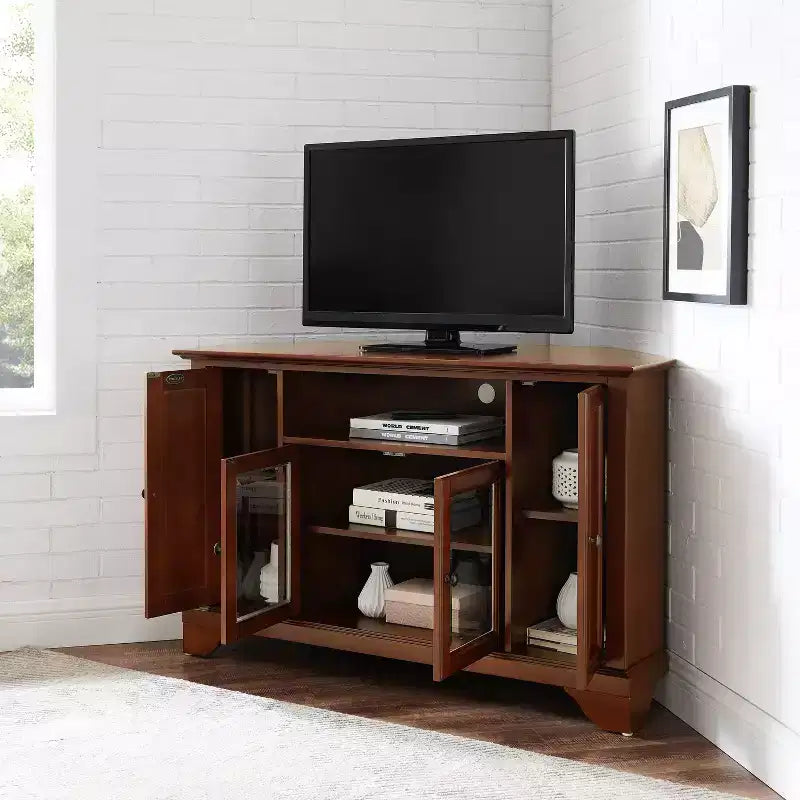Corner TV Stand for TVs up to 48", Dark Red, Mid-Century Modern Media Console with Cable Management