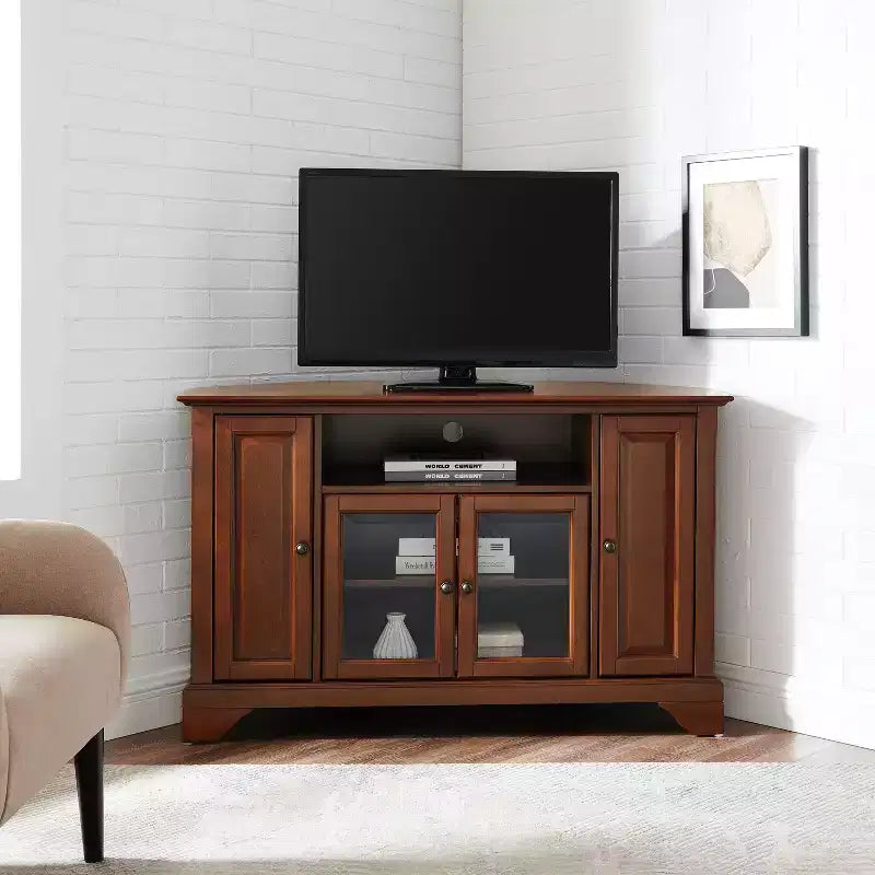 Corner TV Stand for TVs up to 48", Dark Red, Mid-Century Modern Media Console with Cable Management