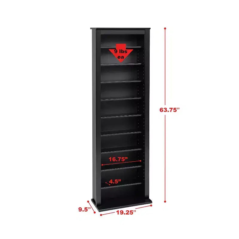 Slim Media Storage Tower, Black, Mid-Century Modern Cabinet with Adjustable Shelves, Holds 391 CDs