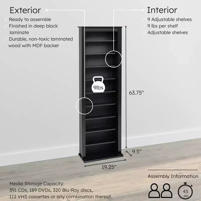 Slim Media Storage Tower, Black, Mid-Century Modern Cabinet with Adjustable Shelves, Holds 391 CDs