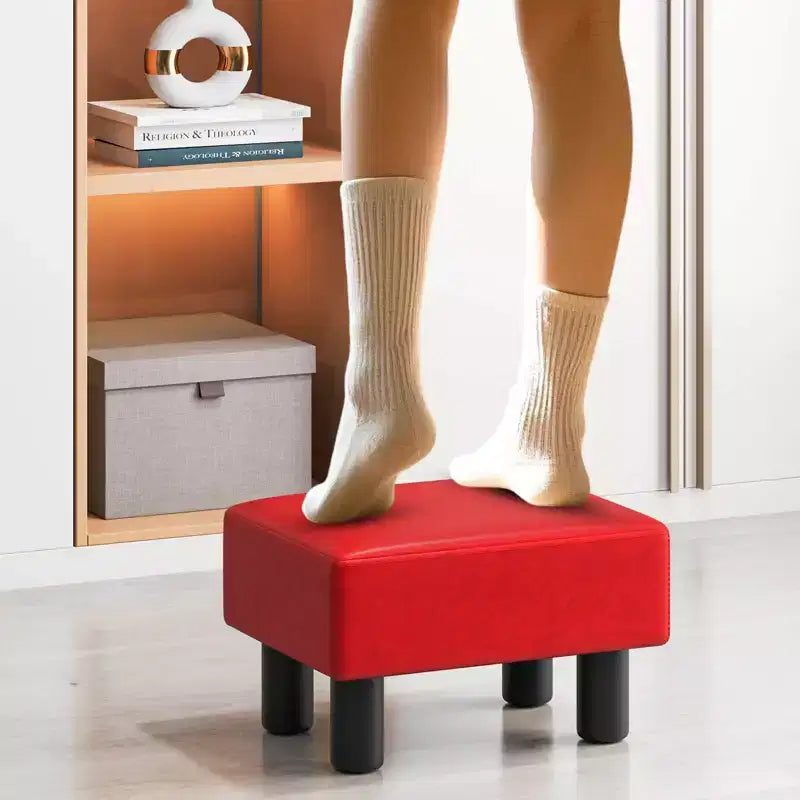 PU Leather Ottoman Rectangular Footrest, Small Stool with Padded Seat, White/Black/Red