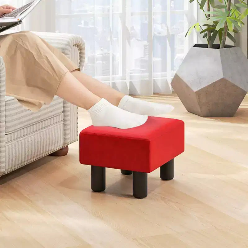 PU Leather Ottoman Rectangular Footrest, Small Stool with Padded Seat, White/Black/Red