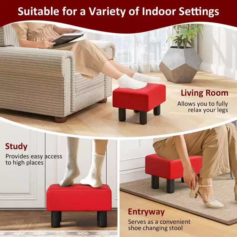 PU Leather Ottoman Rectangular Footrest, Small Stool with Padded Seat, White/Black/Red