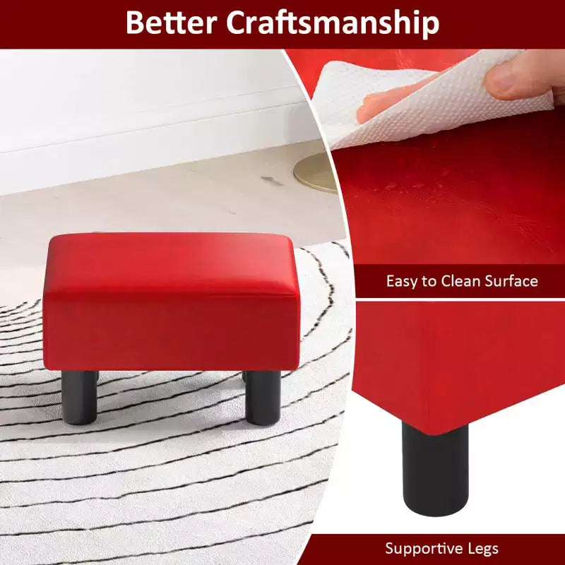PU Leather Ottoman Rectangular Footrest, Small Stool with Padded Seat, White/Black/Red