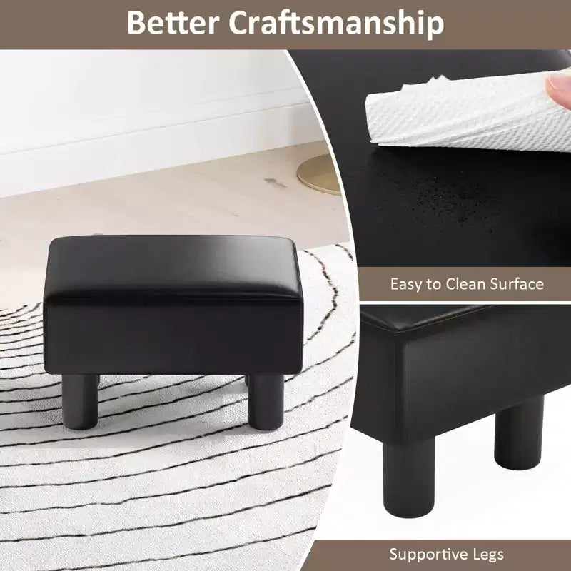 PU Leather Ottoman Rectangular Footrest, Small Stool with Padded Seat, White/Black/Red