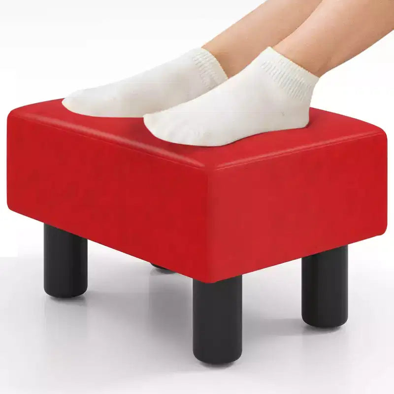 PU Leather Ottoman Rectangular Footrest, Small Stool with Padded Seat, White/Black/Red