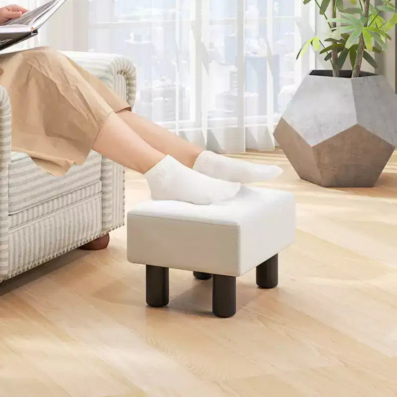 PU Leather Ottoman Rectangular Footrest, Small Stool with Padded Seat, White/Black/Red