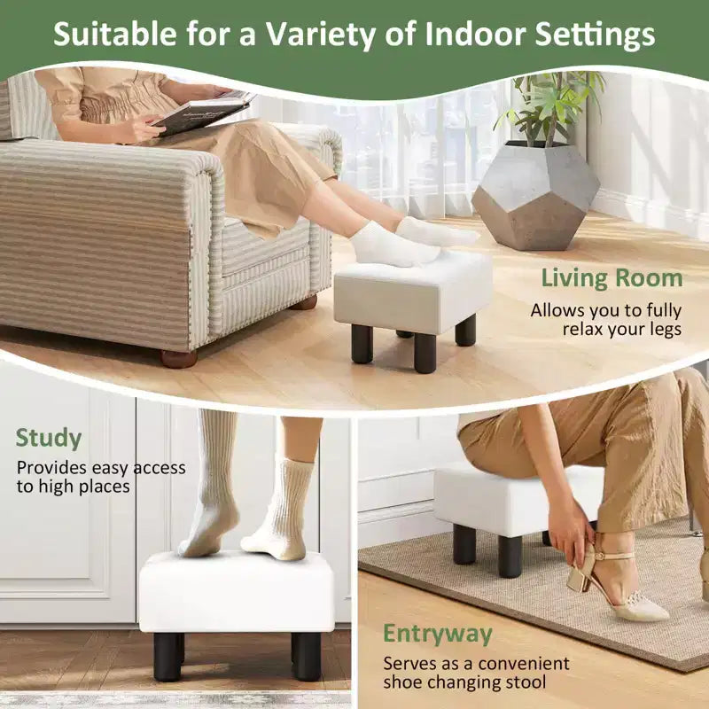 PU Leather Ottoman Rectangular Footrest, Small Stool with Padded Seat, White/Black/Red