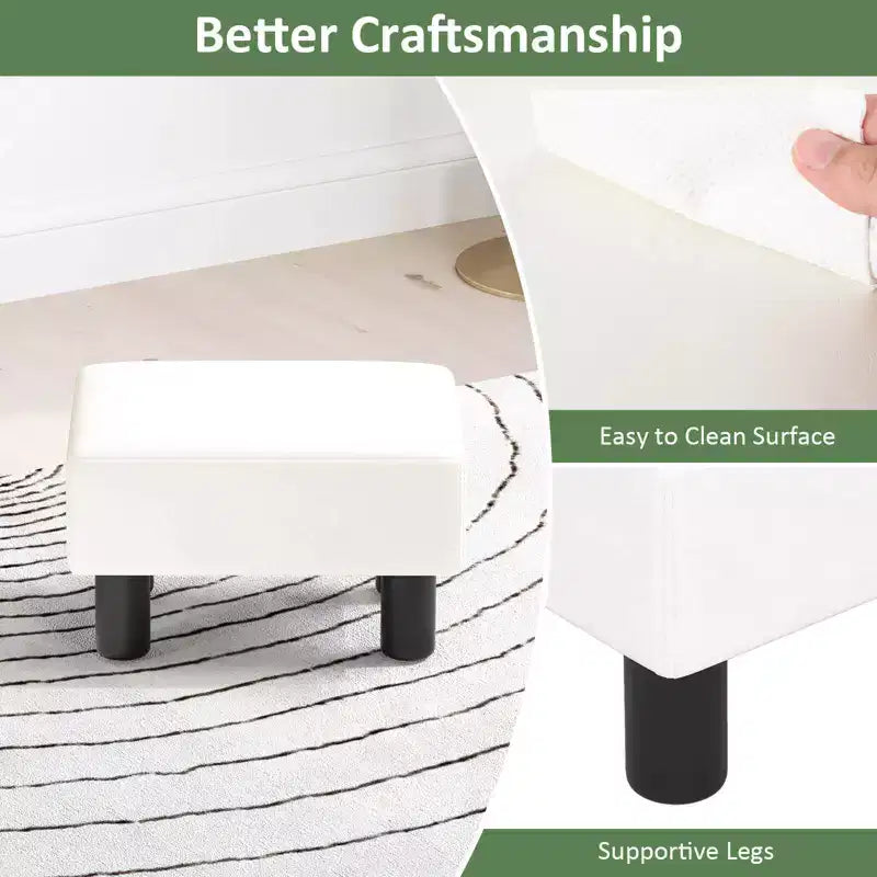 PU Leather Ottoman Rectangular Footrest, Small Stool with Padded Seat, White/Black/Red