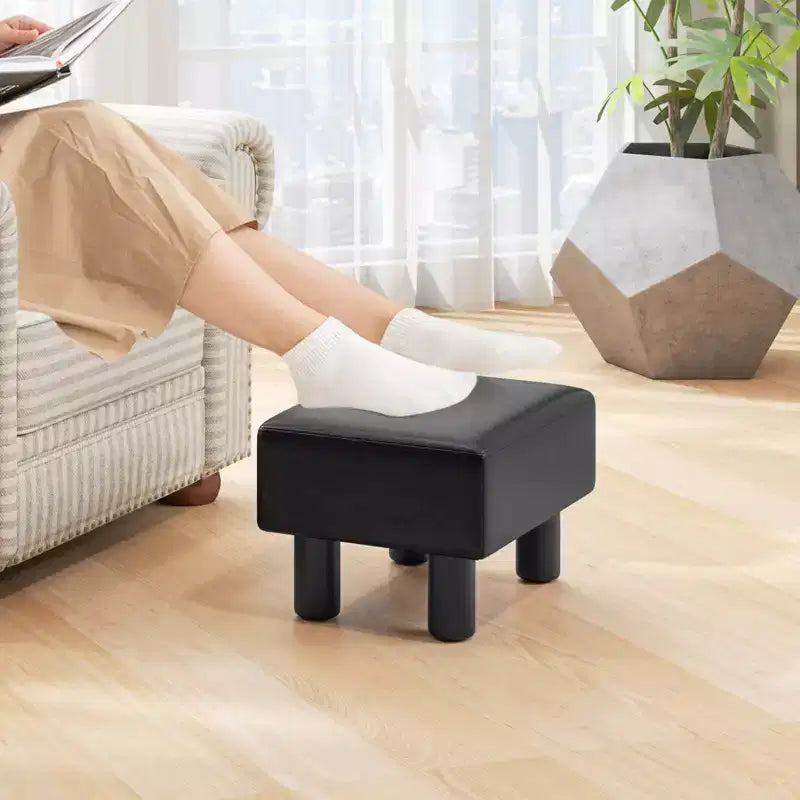 PU Leather Ottoman Rectangular Footrest, Small Stool with Padded Seat, White/Black/Red