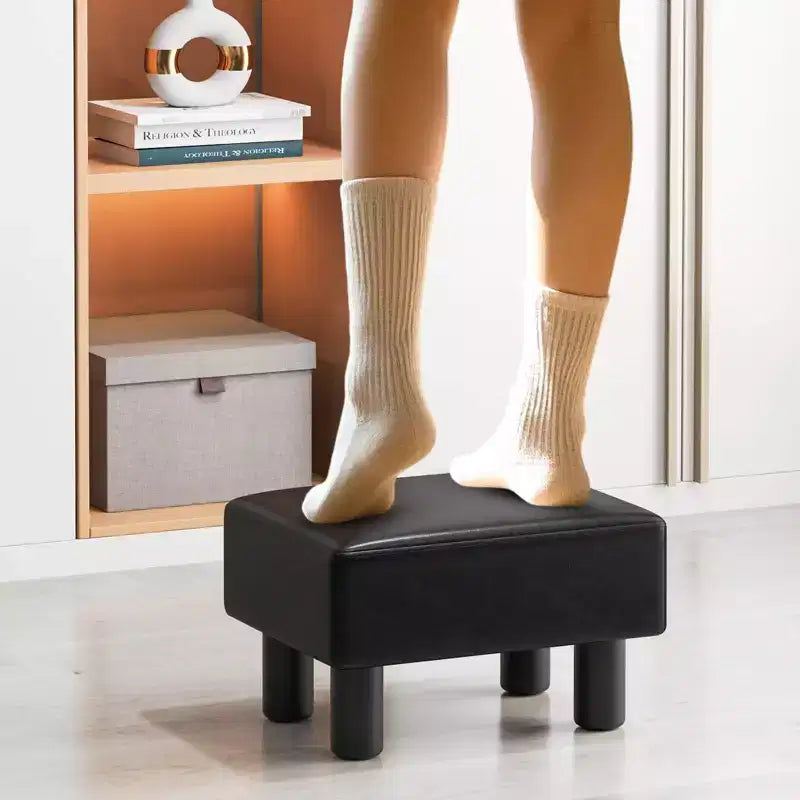 PU Leather Ottoman Rectangular Footrest, Small Stool with Padded Seat, White/Black/Red