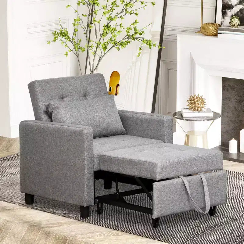 Convertible Sofa Lounger Chair Bed, Multi-Functional Sleeper Recliner with Tufted Upholstered Fabric, Adjustable Angle Backrest, Pillow, Gray