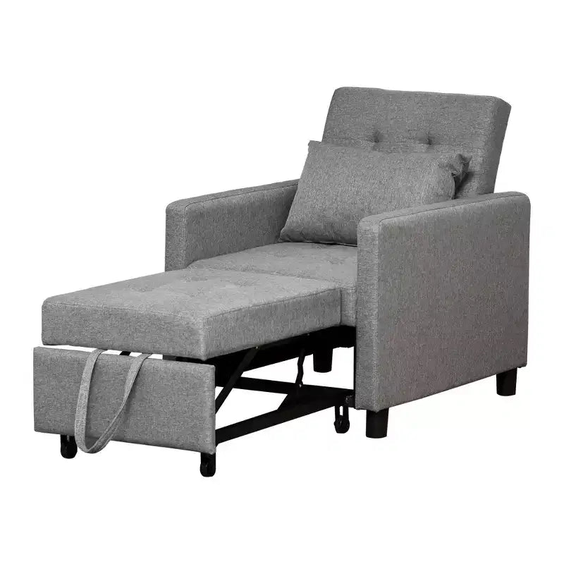 Convertible Sofa Lounger Chair Bed, Multi-Functional Sleeper Recliner with Tufted Upholstered Fabric, Adjustable Angle Backrest, Pillow, Gray