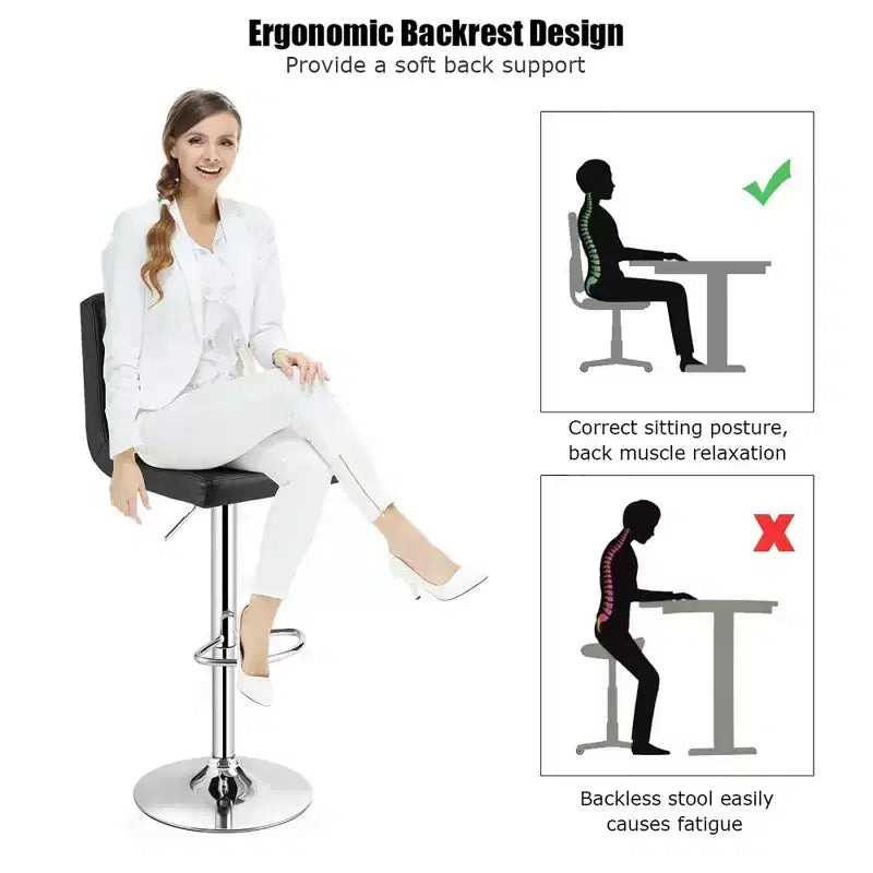 Adjustable Swivel Bar Stool, Counter Height Bar Chair PU Leather with Back, Black