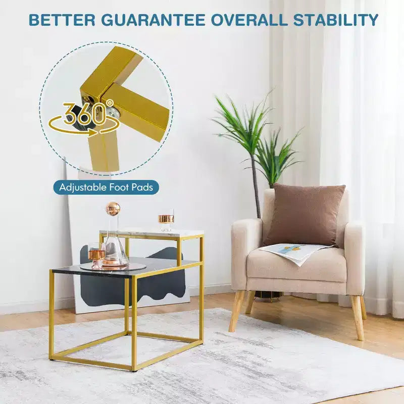 2-Tier End Side Table, Metal Frame Nightstand with Storage Shelf for Living Room