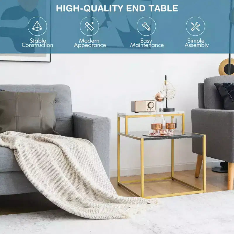 2-Tier End Side Table, Metal Frame Nightstand with Storage Shelf for Living Room