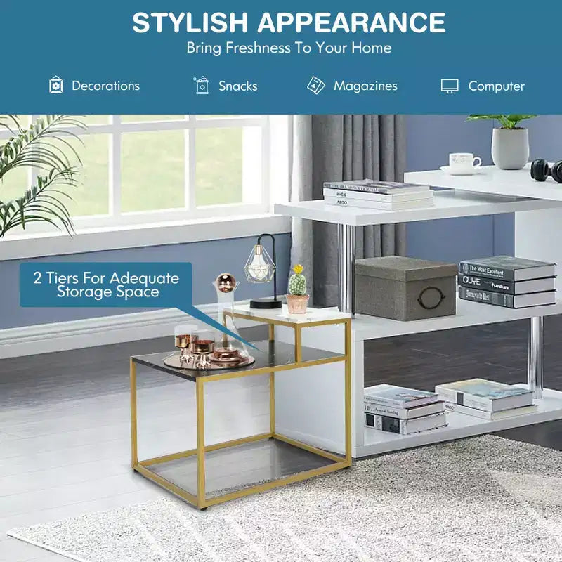 2-Tier End Side Table, Metal Frame Nightstand with Storage Shelf for Living Room